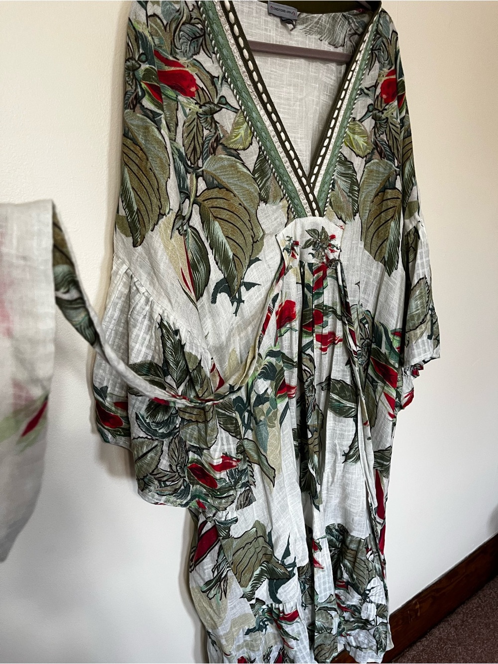 Condition Apply Floral Midi Dress in Cream with Green & Coral Accents - Picture 3 of 5